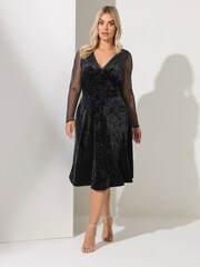Yours Curve Black London Mesh Sleeve Velvet Dress - Image 2 of 5