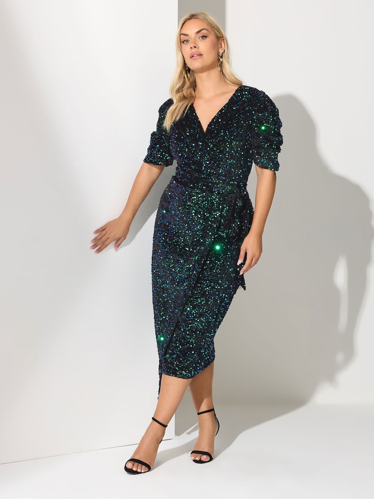 Yours Curve Black London Sequin Velvet Wrap Dress - Image 1 of 5 Yours Curve Black London Sequin Velvet Wrap Dress - Image 1 of 5