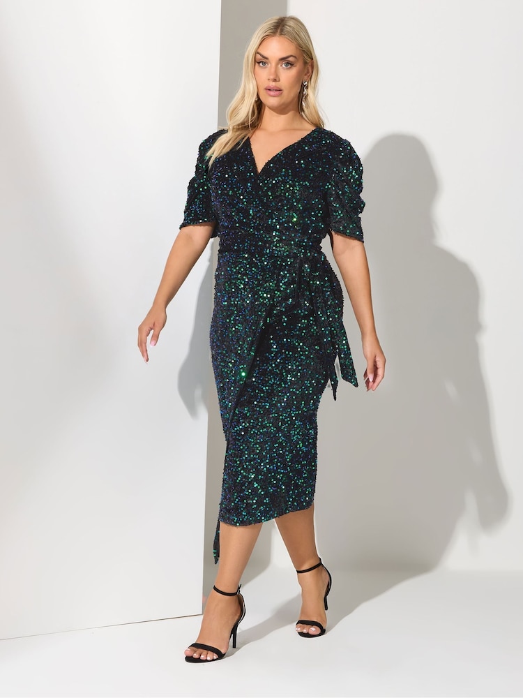 Yours Curve Black London Sequin Velvet Wrap Dress - Image 2 of 5 Yours Curve Black London Sequin Velvet Wrap Dress - Image 2 of 5