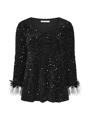 Yours Curve Black London Sequin Velvet Feather Effect Trim Top - Image 4 of 4