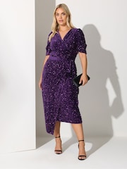 Yours Curve Purple London Sequin Velvet Puff Sleeve Wrap Dress - Image 1 of 5