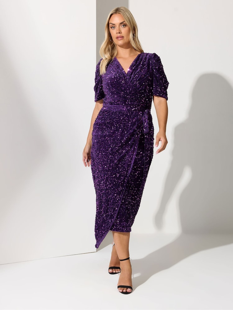 Yours Curve Purple London Sequin Velvet Puff Sleeve Wrap Dress - Image 2 of 5 Yours Curve Purple London Sequin Velvet Puff Sleeve Wrap Dress - Image 2 of 5