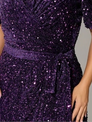 Yours Curve Purple London Sequin Velvet Puff Sleeve Wrap Dress - Image 4 of 5