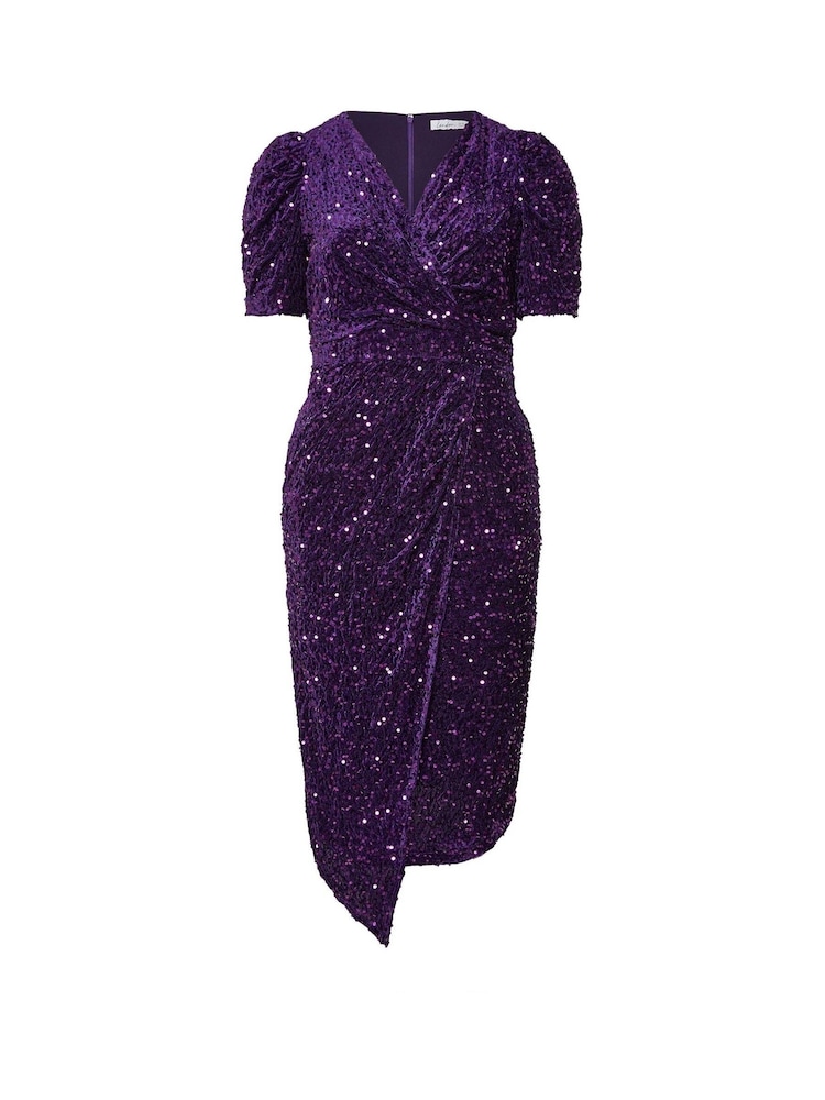 Yours Curve Purple London Sequin Velvet Puff Sleeve Wrap Dress - Image 5 of 5 Yours Curve Purple London Sequin Velvet Puff Sleeve Wrap Dress - Image 5 of 5