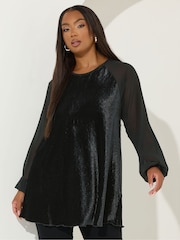 Yours Curve Black Raglan Mix Crinkle Velour Top - Image 1 of 5