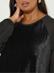 Yours Curve Black Raglan Mix Crinkle Velour Top - Image 4 of 5