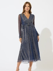 M&Co Blue Plisse Bow Waist Detail Dress - Image 1 of 5