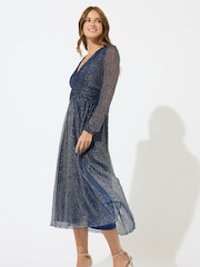 M&Co Blue Plisse Bow Waist Detail Dress - Image 2 of 5