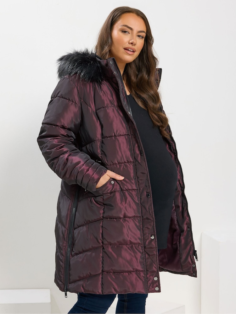 Yours Curve Purple Maternity Panelled Midi Puffer Coat - Image 1 of 5 Yours Curve Purple Maternity Panelled Midi Puffer Coat - Image 1 of 5