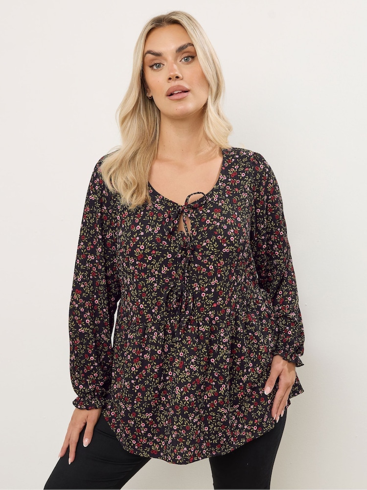 Yours Curve Black Long Sleeve Peplum Bow Top - Image 1 of 5 Yours Curve Black Long Sleeve Peplum Bow Top - Image 1 of 5