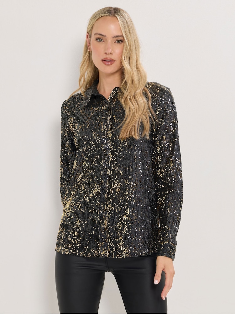 Long Tall Sally Black Gold Sequin Shirt - Image 1 of 5