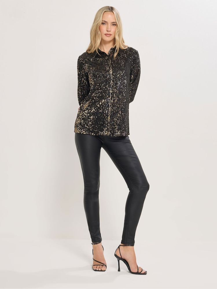 Long Tall Sally Black Gold Sequin Shirt - Image 2 of 5