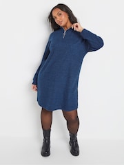 Yours Curve Blue Ribbed Soft Zip Neck Jumper Dress - Image 1 of 5