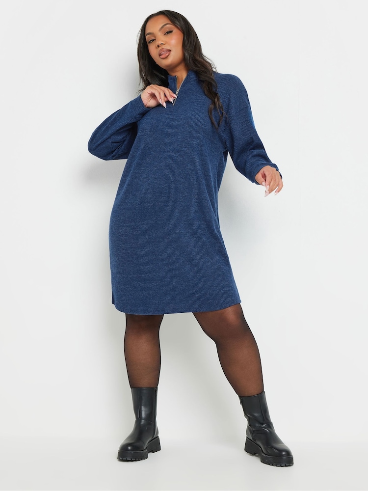 Yours Curve Blue Ribbed Soft Zip Neck Jumper Dress - Image 2 of 5 Yours Curve Blue Ribbed Soft Zip Neck Jumper Dress - Image 2 of 5