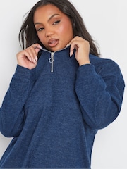 Yours Curve Blue Ribbed Soft Zip Neck Jumper Dress - Image 4 of 5
