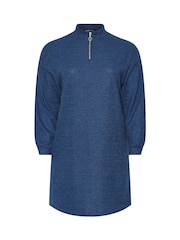 Yours Curve Blue Ribbed Soft Zip Neck Jumper Dress - Image 5 of 5