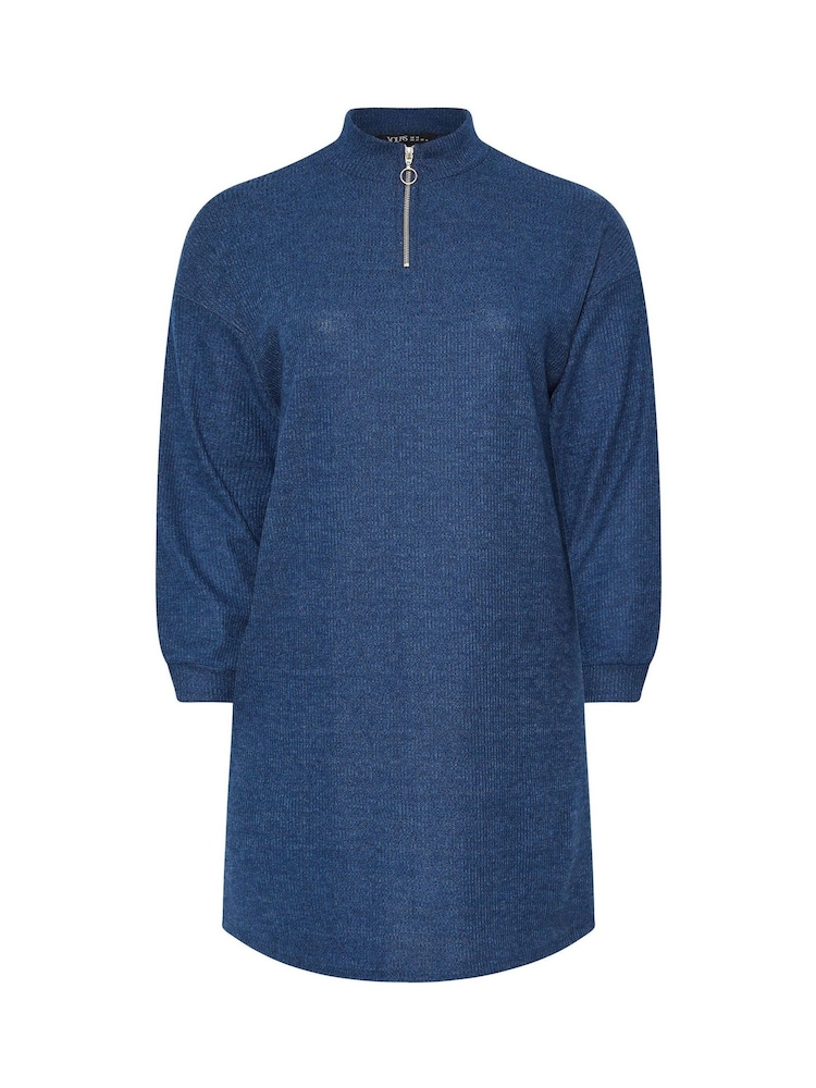 Yours Curve Blue Ribbed Soft Zip Neck Jumper Dress - Image 5 of 5
