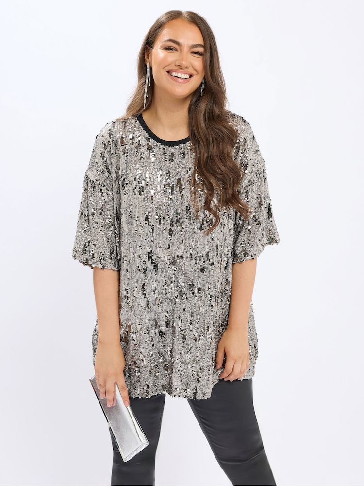 Yours Curve Silver Sequin Party T-Shirt - Image 1 of 6