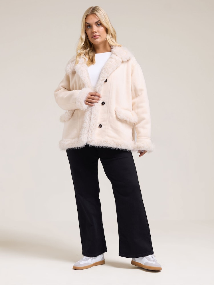 Yours Curve White Shaggy Fur Boho Coat - Image 2 of 5