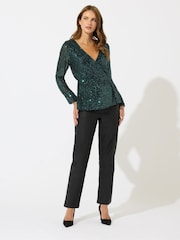 M&Co Green Sequin Wrap Long Sleeve Top - Image 2 of 5