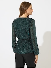 M&Co Green Sequin Wrap Long Sleeve Top - Image 3 of 5