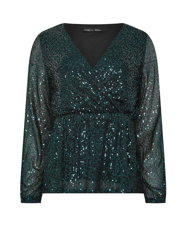 M&Co Green Sequin Wrap Long Sleeve Top - Image 5 of 5