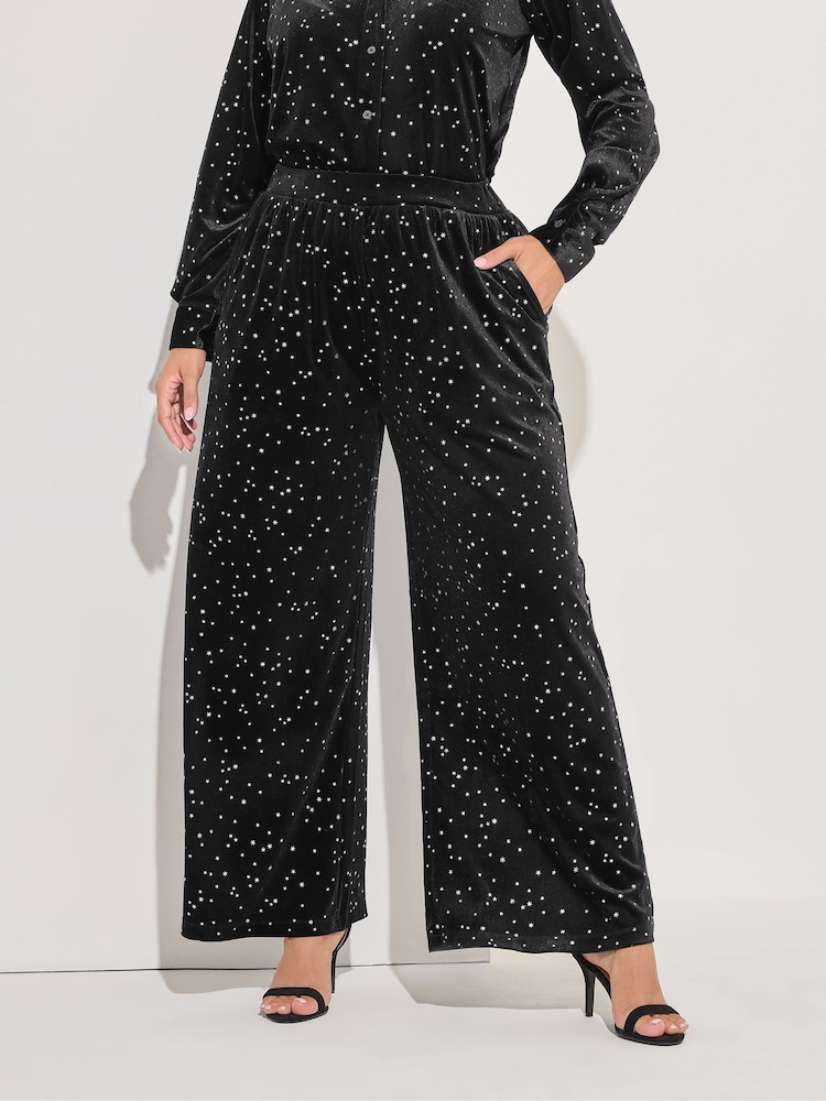 črna - Yours Curve Velour Wide Leg Party Trousers - Slika 1 iz 5