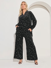 črna - Yours Curve Velour Wide Leg Party Trousers - Slika 3 iz 5