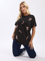 Yours Curve Black Short Sleeve Sequin Novelty T-Shirt - Image 1 of 5