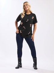 Yours Curve Black Short Sleeve Sequin Novelty T-Shirt - Image 2 of 5