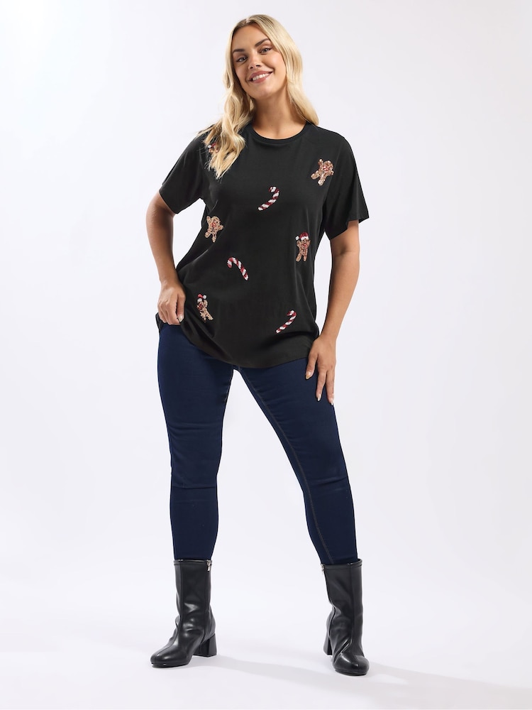 Yours Curve Black Short Sleeve Sequin Novelty T-Shirt - Image 2 of 5