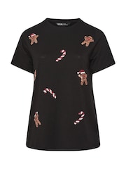 Yours Curve Black Short Sleeve Sequin Novelty T-Shirt - Image 5 of 5