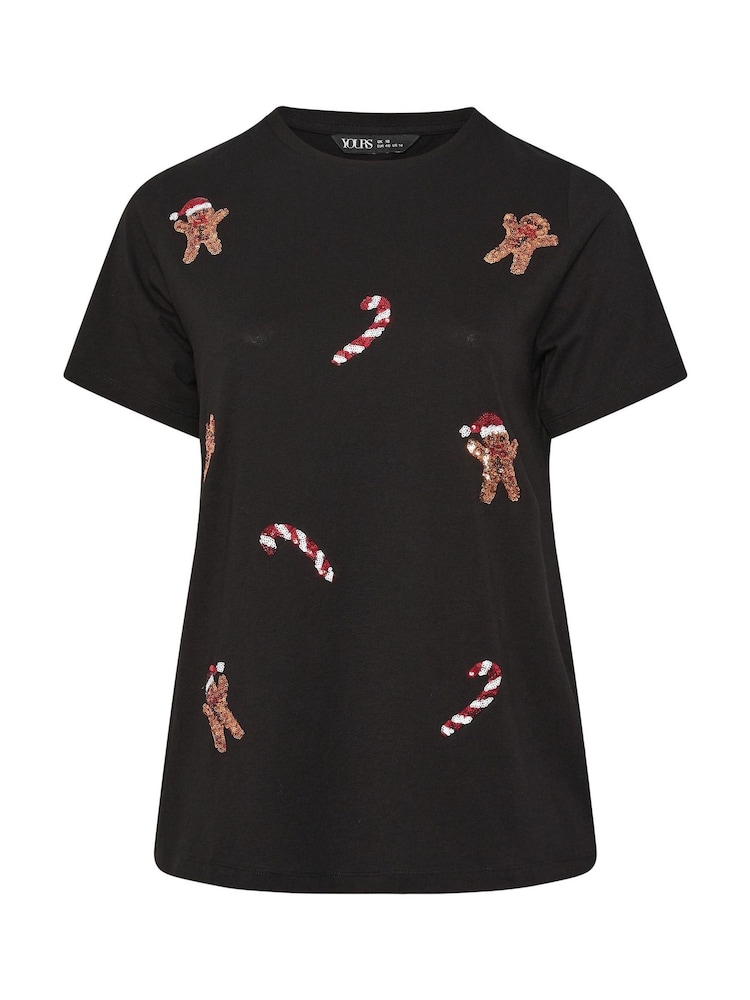 Yours Curve Black Short Sleeve Sequin Novelty T-Shirt - Image 5 of 5