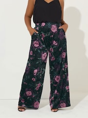 Yours Curve Black Floral Velour Wide Leg Party Trousers - Image 1 of 5