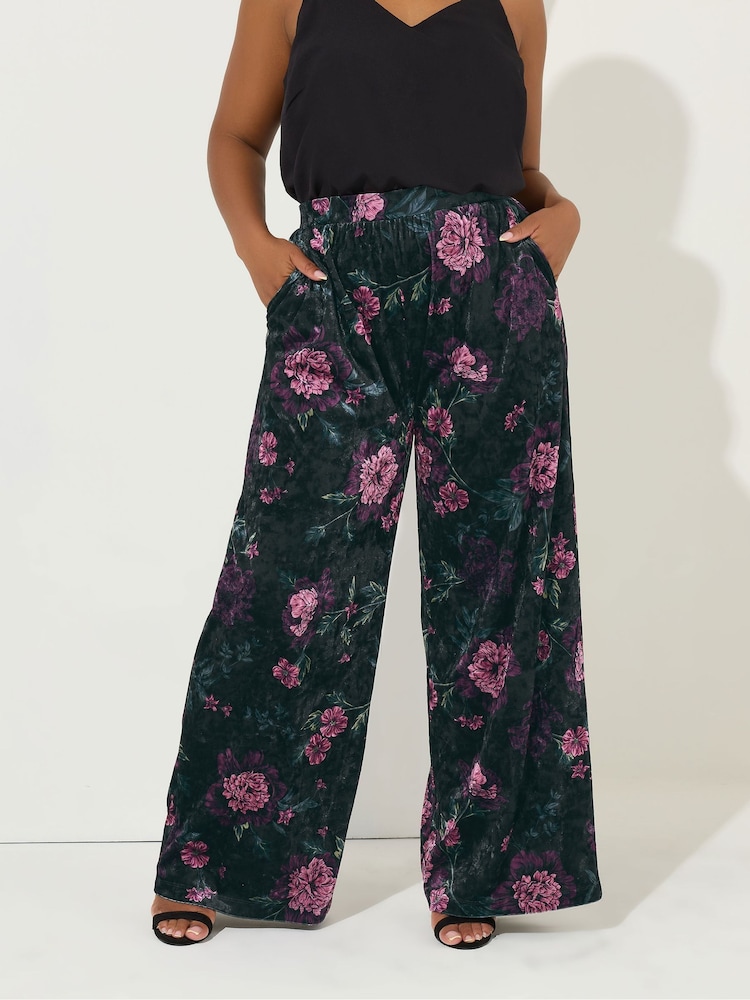 Yours Curve Black Floral Velour Wide Leg Party Trousers - Image 1 of 5