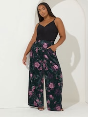 Yours Curve Black Floral Velour Wide Leg Party Trousers - Image 2 of 5