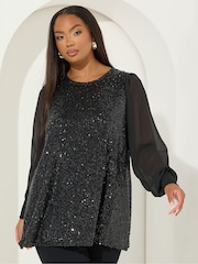 Yours Curve Black Sequin Swing Top - Image 1 of 6