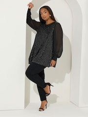 Yours Curve Black Sequin Swing Top - Image 2 of 6