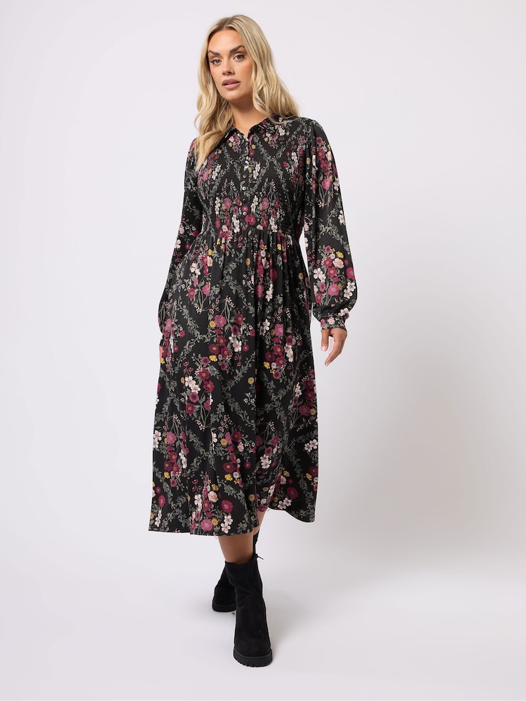 Yours Curve Black Shirred Shirt Dress - Image 1 of 9