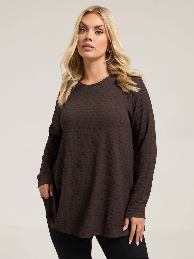 Yours Curve Brown Textured Long Sleeve Swing Top - Image 1 of 5