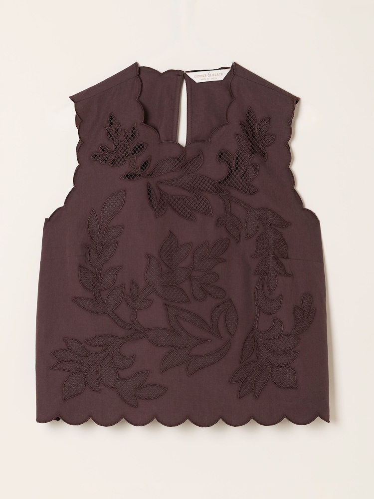 FatFace Meg Chocolate Brown Petite Cutwork Shell Top - Image 1 of 2