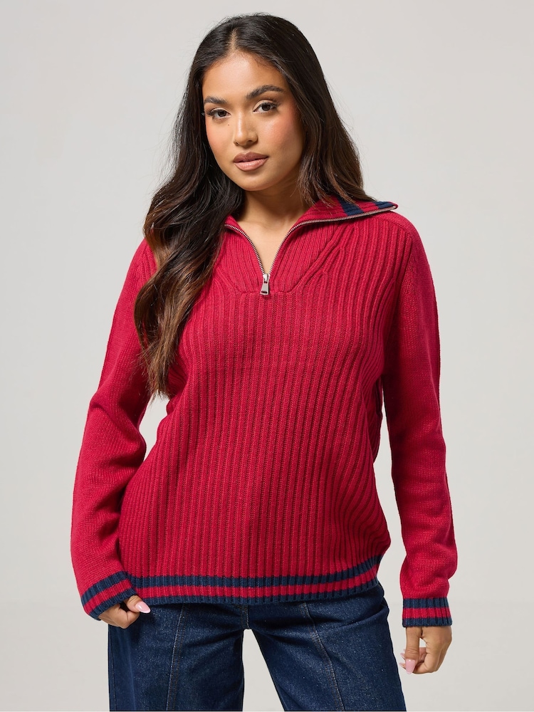 PixieGirl Petite Red Stripe Collar Quarter Zip Jumper - Image 1 of 5 PixieGirl Petite Red Stripe Collar Quarter Zip Jumper - Image 1 of 5