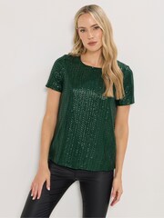 Long Tall Sally Green Short Sleeve Sequin Top - Image 1 of 5