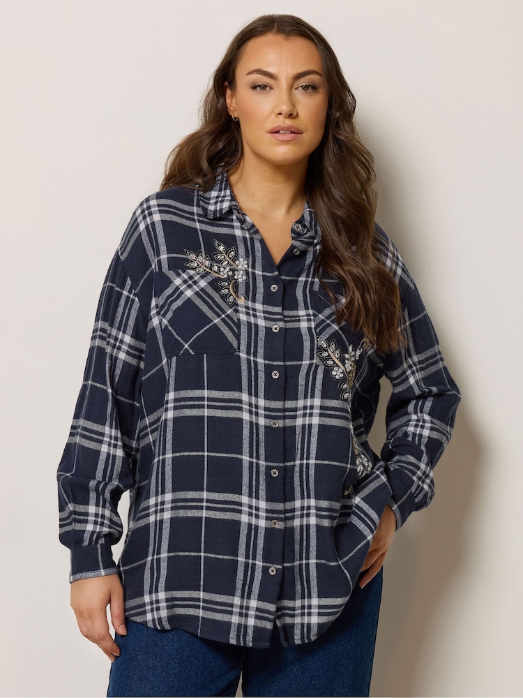 Evans Blue Embellished Check Shirt - Image 2 of 6 Evans Blue Embellished Check Shirt - Image 2 of 6
