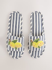 White/Blue Lemon Stripe Embroider Slider Slippers - Image 4 of 8