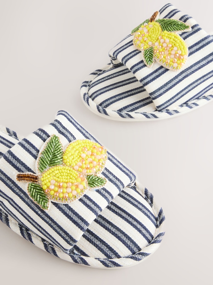 White/Blue Lemon Stripe Embroider Slider Slippers - Image 8 of 8