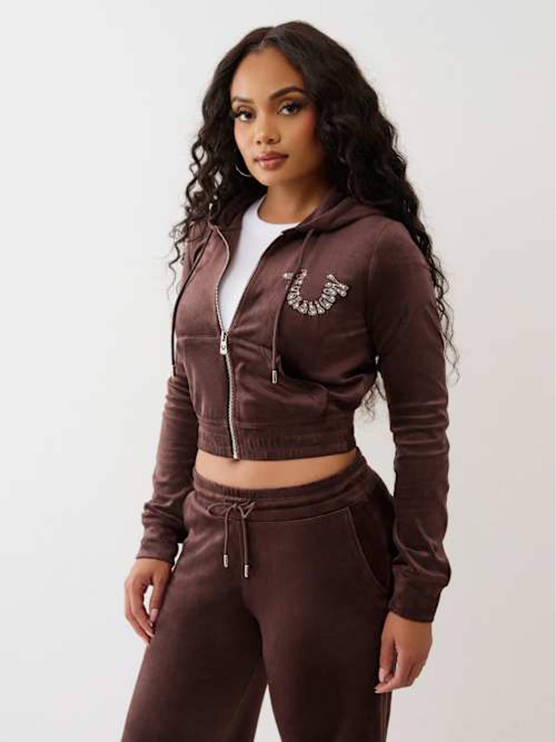 Buy True Religion Brown Crystal Velour Zip Hoodie from Next Canada
