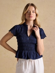 Joules Ettie Navy Frill Shirred Top With Broderie Sleeves - Image 1 of 8