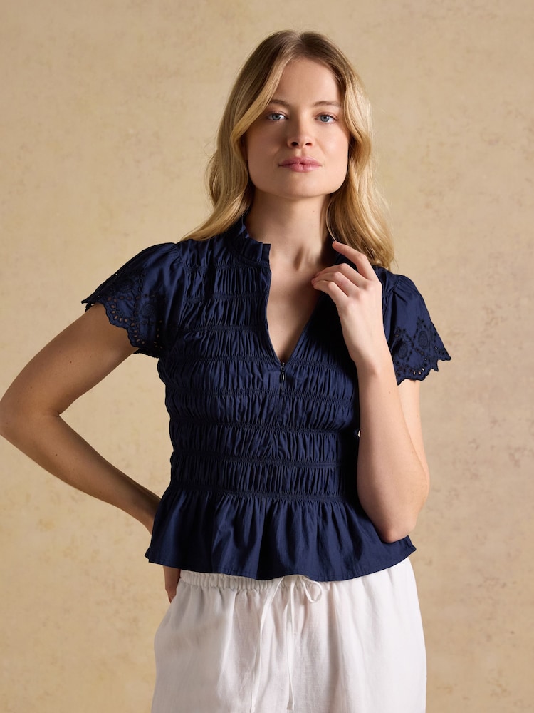 Joules Ettie Navy Frill Shirred Top With Broderie Sleeves - Image 1 of 8