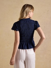 Joules Ettie Navy Frill Shirred Top With Broderie Sleeves - Image 2 of 8